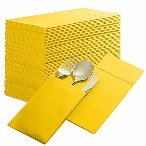 50-Pack Disposable Linen-Feel Dinner Napkins with Built-in Flatware Pocket, YELLOW Prefolded Cloth Like Paper Napkins For Dinner, Wedding Or Party [Silverware NOT Included]