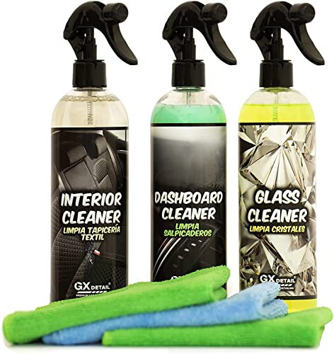 GxDetail – Kit Limpieza Coche con Accesorios – Limpiador de Tapicerías, Limpia Salpicaderos, Limpiaparabrisas, Incluye Accesorios de Limpieza de coche y Ambientador. Pack Limpieza Coche Profesional