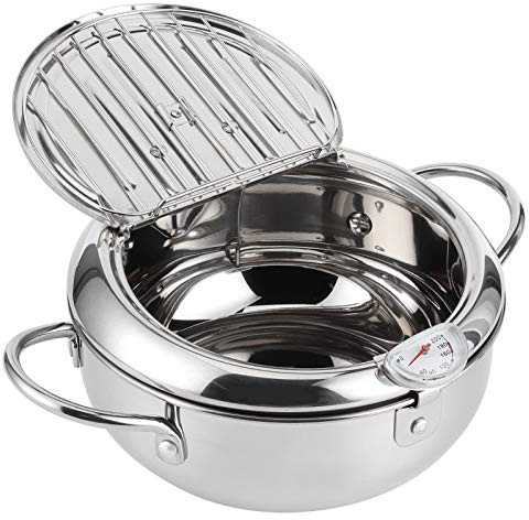 Deep Fryer Pot, Japanese Frying Pot with Thermometer, 304 Stainless Steel Deep Fryer with Oil Draining Rack for Tempura Chips Fries Fish and Chicken (Small 20cm)