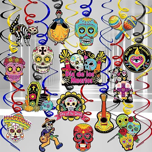 DPKOW 30 Dia de Los Muertos Decorazioni Pendenti a Spirale per Giorno dei Morti, Messicano Teschio Stelle Filanti Spirale per Dia de Los Muertos Appendere Turbinanti Addobbi Giorno dei Morti Halloween