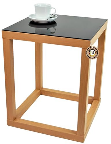 freeroom24, Beistelltisch, Wohnzimmertisch, Couchtisch, Coffee Table, Kleiner Kaffeetisch, Blumenhocker, Blumensäule, Cube, Holzoptik Buche Nachbildung, Glas schwarz, 50 x 50 x 70cm, Made in Germany