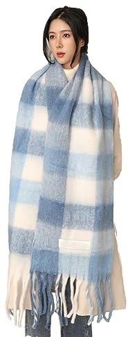 Wambere Damen Schal, Kariert übergroßer Winter SchaltuchKaro Schultertuch Plaid Deckenschal Modeschal Weich Warm Strickschal Oversized Herbstschal Warme Winter Stola mehrfarbig,Hellblau