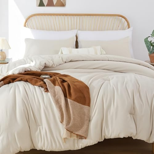ROSGONIA Beigefarbenes Bettdecken-Set für Queen-Size-Betten, 3-teilig (1 Boho-Bettdecke und 2 Kissenbezüge), Ganzjahres-Bettwäsche, leicht, weich, Tagesdecke, Steppdecke, Geschenke