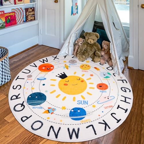 Kinderteppich Rund,120CM ABC Alphabet Spielteppich Kinder,Antirutsch Waschbar Niedlich Planeten des Sonnensystems Teppich Kinderzimmer,Pädagogischer Kinderzimmer Teppiche für Junge Mädchen
