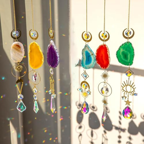 6 Stück Kristall-Sonnenfänger, Fenster-Hänge-Sonnenfänger mit Kristallen, Lichtfänger mit Prismen und Achatscheiben für drinnen und draußen, Haus, Garten, Hochzeitsdekoration