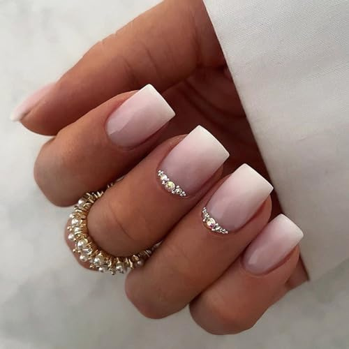 Ceboic 24 Stück Press on Nails Kurz Quadratische, French Rosa Weiß Farbverlauf Künstliche Nägel, Acryl Full Cover Kunstnägel Nägel Zum Aufkleben, Natürliche Falsche Nägel für Frauen und Mädchen