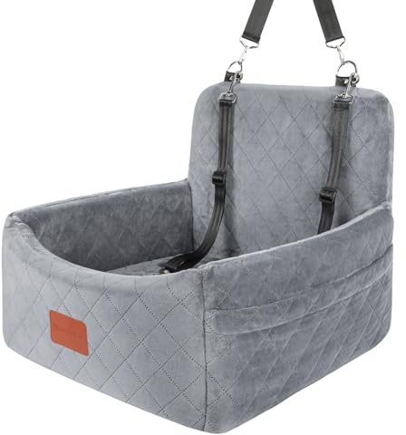WOOAIDAGG Hundefahrersitz für kleine/mittlere Hunde, tragbare Reisehundebett mit Memory-Schaum, abnehmbar und waschbar, 3-Riemen-Sicherheitsfahrersitz für Hunde (Grey, Small)