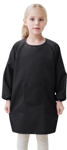 Kinder-Kunst-Kittelschürze mit Tasche für Kinder, Künstler-Malschürzen, Kittel mit Langen Ärmeln Jackenverschluss (Black, 8-12 Years)
