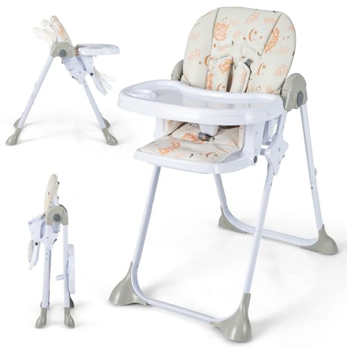 GYMAX Seggiolone per Bambini, Pieghevole con Vassoio Rimovibile, Schienale Ergonomico Regolabile, Imbracatura a 5 Punti e Rotelle, per 6-36 Mesi, Carico 15 kg (Beige)