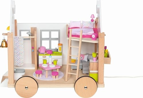 goki 51477 - Tiny House Hygge aus Holz und Textil für Mini-Puppen, Mobiles Puppenhaus im skandinavischen Stil, 38cm x 27cm x 33cm, 40er Set, ab 3 Jahre
