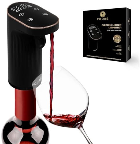 POURÉ Electric Liquor Dispenser with Wine Aerator - Adjustable Alcohol Output 1-999mL - Smart Whiskey Pourer Pump - Long Battery Life - LED Touch Screen - Birthday Gift for Men Women (Black)