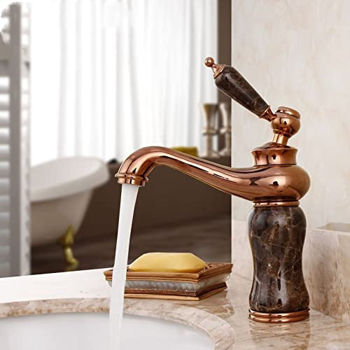 CCKUHN All Copper Natural Jade Hot and Cold Water Faucets, Rose Gold Marble Antique Faucets, Golden Faucets
