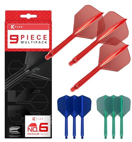 Target Darts K-Flex Varillas y Flechas Integradas, Tallo Medio (33mm), No.6 Flight, 9-Pack Bundle, Rojo, Azul y Verde | Kflex 2 en 1, Vuelo y Tallo, Accesorios Profesionales de Dardos