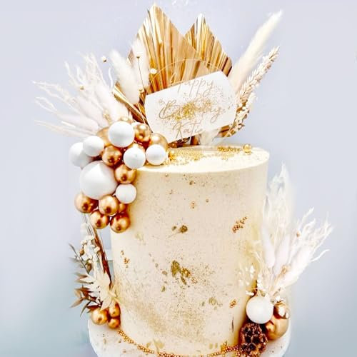 JeVenis decorazione torta champagne decorazione per torta con palline d'oro topper per torta con foglie di palma d'oro palla oro bianca boho per matrimonio compleanno anniversario