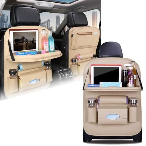 ZDHXZYQ Auto Rückenlehnenschutz für VW Caddy 2K, Auto Organizer mit Faltbarer Tischablage, Wasserdicht Multifunktionale Aufbewahrungstasche,A-Beige