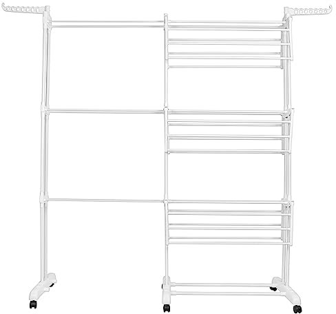 WODFARR Séchoir à Linge Tour Peu encombrant,Étendoir Linge Intérieur sur 4 Niveau, Séchoir à Linge Extensible Réglable, avec 6 Roues de Frein de Stationnement à 360°,75-142,5 * 64 * 170cm (Blanc)