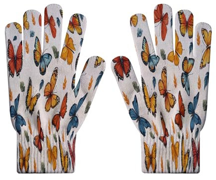 Strickhandschuhe Für Den Für Damen – Bunter Schmetterlingsdruck,Touchscreen-Handschuhe Mit Ganzen Fingern,Herbstblätter-Druck,Hautfreundliche,Winddichte Handschuhe Für Herren Im Herbst,Für Die