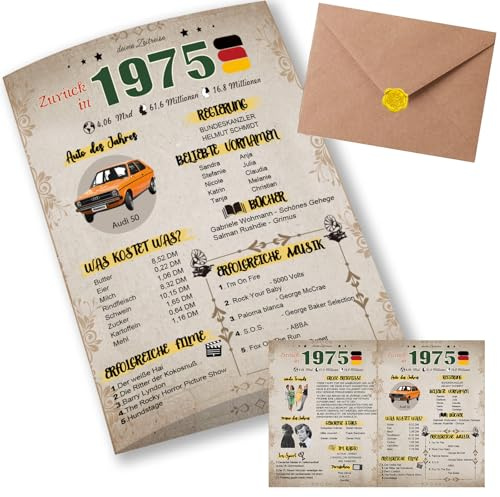 Sugeru Besondere Geburtstagskarte 50 mit Umschlag | 1975 Jahrgang Geschenk | 50 geburtstag frau mann | Sechzigsten Geburtstagsdeko lustig,Tolle Geschenkidee,Chronik,Karte,Jubiläum- DIN A5 (50 Jahre)