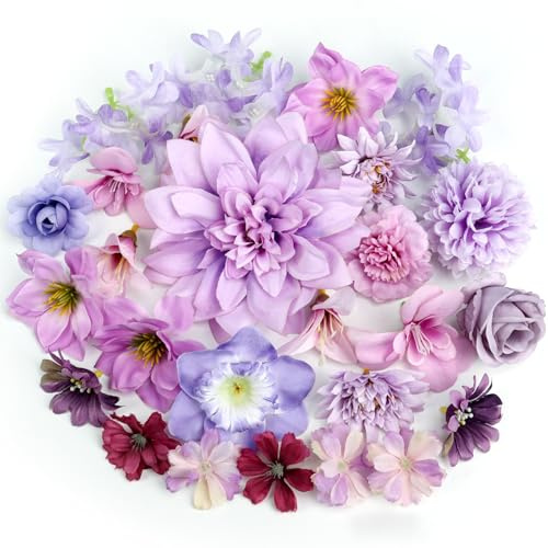 QUOZUO Künstliche Blumenköpfe klein Blüten Kunstblumen Blumenköpfe Seidenblumen Dekoblumen für Party DIY Braut Hochzeit Blumenarrangements Handwerk Deko, 26 Stücke, Violett