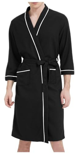 WAZHAKU Men's Lightweight Cotton Dressing Gown Long Sleeves Travel Bathrobe Kimono Sauna Gown Man Leisure Loungewear with Pockets and Belt House Coat Long Dressing Gown Bathrobe, X Black, 3XL