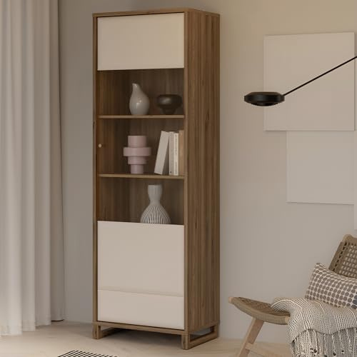 Forte MAREDA Vitrine 65, Schmale Wohnzimmervitrine mit Glastür, Kaschmir/Beige, Valencia Eiche Dekor/Sand, 64,8 cm breit, 195,7 cm hoch, 41,9 cm tief