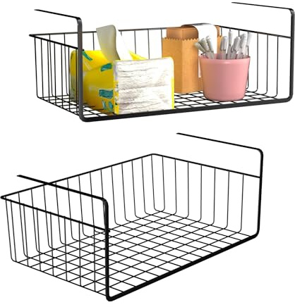 XMTECH 2 Stück Schwarz Unterregal Aufbewahrungskorb, Hängekorb Metall Hängekorb Regal Unter Schrank, Drahtkorb Organizer für Küche, Speisekammer, Schreibtisch, Bücherregal