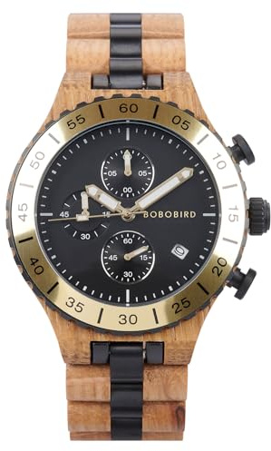 BOBO BIRD Men's Wooden Watch Chronograph Quartz Watch with Date Display, 43mm Large Dial, Luminous Hands, Natural Wood & Stainless Steel Wristwatch – Gift for Him (Gold -White Oak)