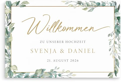 Willkommensschild Hochzeit Hochzeitsschild personalisierte Leinwand Herzlich Willkommen Schild Dekoration (40x60 cm | Ohne Staffelei) (Goldener Rahmen & Blätter)
