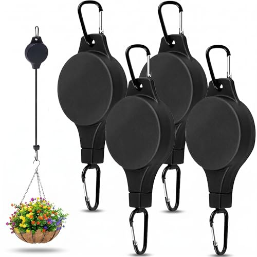 Hanging Basket Pulley, Adjustable Retractable Heavy Duty Plant Hanger Hook, Plant Pulley System for Watering Hanging Baskets, Bird Feeders & Outdoor Planters (4PCS)