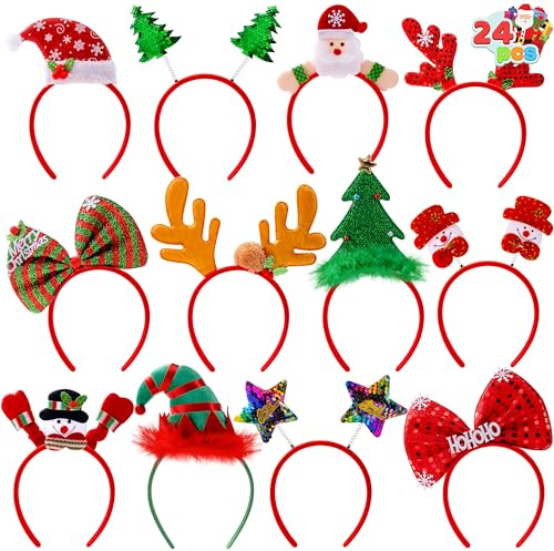 JOYIN 24 Stück Weihnachts-Stirnbänder mit 12 Designs, klassische Kopfbedeckung mit Weihnachtsmotiv, Rentier, Weihnachtsmann, Weihnachtsbaum, Schneemann, Weihnachts-Haar-Accessoire