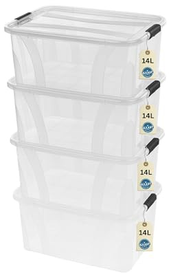 Aufbewahrungsboxen 4x 14Liter mit Deckel, lebensmittelecht - Verschlussclips - 100% Neumaterial Plastik-Box transparent - Kleiderboxen stapelbar & HLKauf-Block
