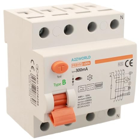 Interruttore Differenziale Puro Tipo B Trifase, Salvavita 300mA 100A, RCCB 3P+N 10kA 380V, 4 Moduli DIN, Serie PR8HM Elettromagnetica, Certificato IEC61008-1