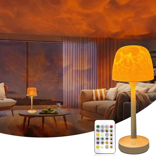 Ocean Wave Projector Light, 2 in 1 RGB Color Table Lamp, USB Rechargeable Cordless Night Light Aurora Projector with Remote Control for Living Room Bedroom Decor (White)