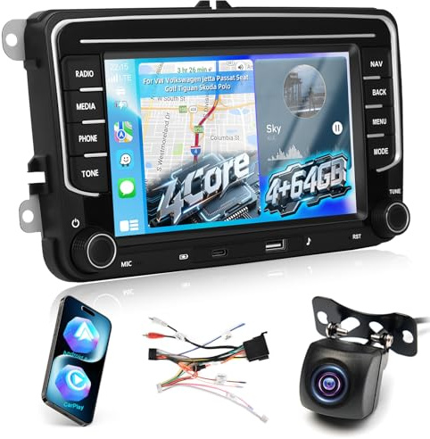 4+64G Estéreo de Coche para VW Volkswagen Jetta Passat Seat Golf Tiguan Skoda Polo, Inalámbrica Carplay y Android Auto 7 Pulgadas de Pantalla Táctil Car Stereo con Bluetooth 5.0/32 EQ/GPS/WiFi/FM RDS