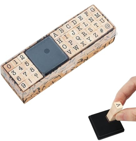 Hinapan 40 Stück Buchstaben Stempel, Alphabet, Zahlen & Symbole aus Holz inklusive Stempelkissen, Ideal für Scrapbooking, Kartenherstellung, Bullet Journal und Bastelprojekte (Drucker-Schriften)