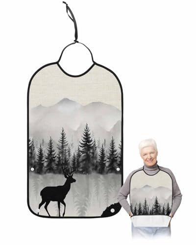 Kewadony Adult Bibs for Elderly Women, Deer Forest Waterproof Dining Clothing Protectors with Crumb Catcher for Eating/Feeding, Farmhouse Vintage Nature Trees Mountain Cloth Bib Machine Washable