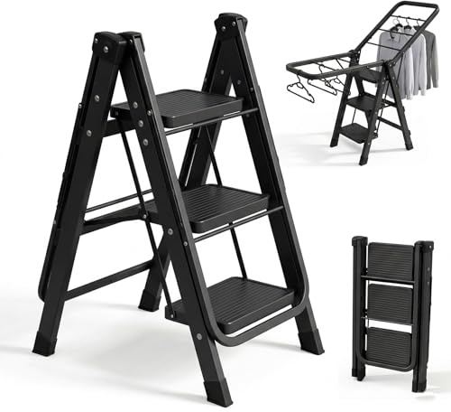 Folding Step Ladder Heavy Duty Domestic Stepladder for Home & Kitchen High Reach, and Clothes Drying Rack, Aluminum Frame, Black and White, 8cm Slim Storage Design, Indoor Homen (Black, 3 Steps)