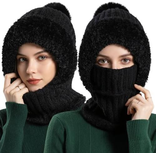 3 in 1 Mütze Damen mit Schal, Maske, Schalmütze Damen, Mützenschal Winter | Balaclava Damen, Multifunktional Schal Fleecegefüttert Winddicht Strickmütze, Thermo Kapuzenschal, Winter Mütze Damen