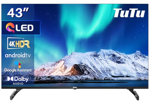 TuTu Smart TV 43 Pulgadas 4K QLED Android Televisor HDR UHD con Dolby Audio, Google Assistant, WiFi, Bluetooth, Sintonizador Digital DVB-T/T2-C-S/S2