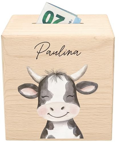 Kuh Spardose für Kinder personalisiert Bauernhof Tiere Sparbox aus Holz Sparschwein mit Schlüssel Geschenk für Jungen & Mädchen Holzspardose