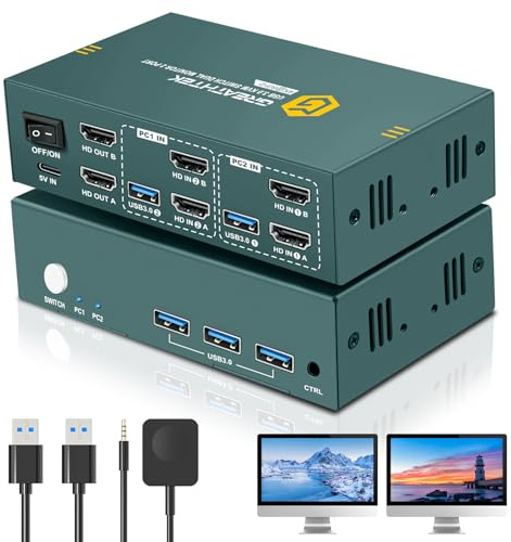 KVM Switch 2 PC 2 Monitores 4K@60Hz, Conmutador Dual Monitor USB 3.0