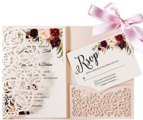 20 tarjetas de invitaciones de boda trípticas cortadas con láser con cintas rosas para boda, despedida de soltera, compromiso, cumpleaños, invitación (Blush rosa)
