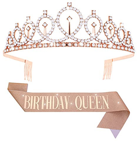 Aster Écharpe et diadème pour reine d'anniversaire, couronne en strass or rose et paillettes - Décorations d'anniversaire pour femme