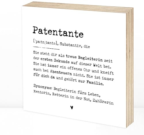 Wunderpixel® Holzbild Definition Patentante - 15x15x2cm zum Hinstellen/Aufhängen, echter Fotodruck mit Spruch auf Holz - schwarz-weißes Wand-Bild Aufsteller Zuhause Büro zur Dekoration Geschenk-Idee