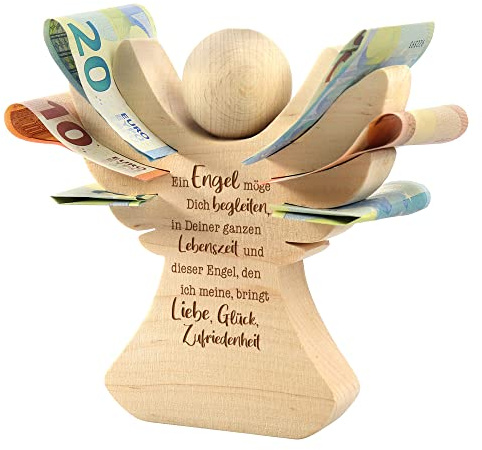 Holzengel mit Gravur, Taufgeschenk, Personalisierte Dekofigur mit Namen und Datum, Geldgeschenk für Jungen und Mädchen, Holz Engel Figur, Verpackung für Geldgeschenke zur Taufe, Holzfiguren Geschenk
