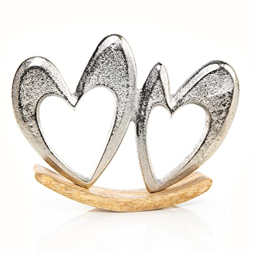 Logbuch-Verlag 2 Herzen Deko Geschenk Hochzeit Valentinstag Geburtstag Liebe Silber aus Metall & Holz 19 cm zum Hinstellen