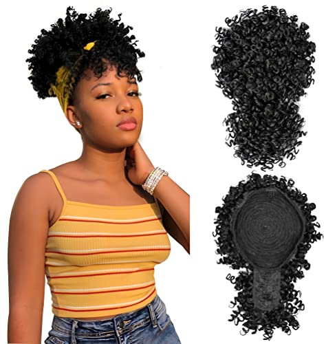 MODSIGHT Afro Puff Drawstring Ponytail with Bangs, Black Kinky Curly Ponytail Bun with Bangs Updo Hairpieces, Short Afro Puffs with Bang for Black Women (Natural Black 1B)