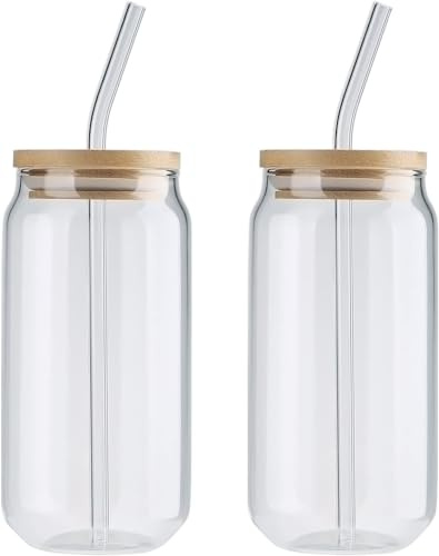 baijiexun 2 Stück Trinkgläser, 368 ml Bierdosen-Set mit Deckel und Strohhalm, in Dosenform geformte Glasbecher, Eisteegläser, wiederverwendbarer für Eiskaffee, Cocktail, Wein Wasser, Durchsichtig