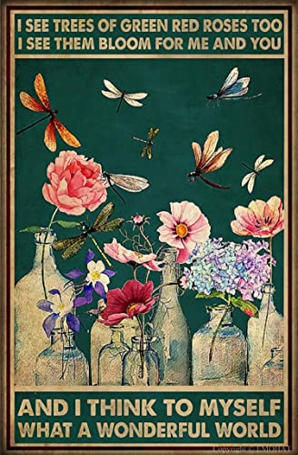 EMOHAT Garden Metal Signs I See Trees Of Green Red Roses Too Dragonfly What A Wonderful World Flower Vase Vintage Metal Sign Retro For Garden Courtyard Cafe Farm Room 8x12 Inches