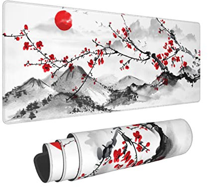 Tapis de souris japonais aquarelle fleur de cerisier 80 x 30 cm XL Motif Sakura rouge Grand tapis de souris de jeu antidérapant avec base en caoutchouc avec bords cousus pour jeux et bureau